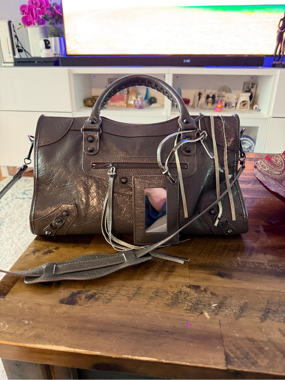 Classic Brown Leather Satchel Handbag with Top Handles and Detachable Strap